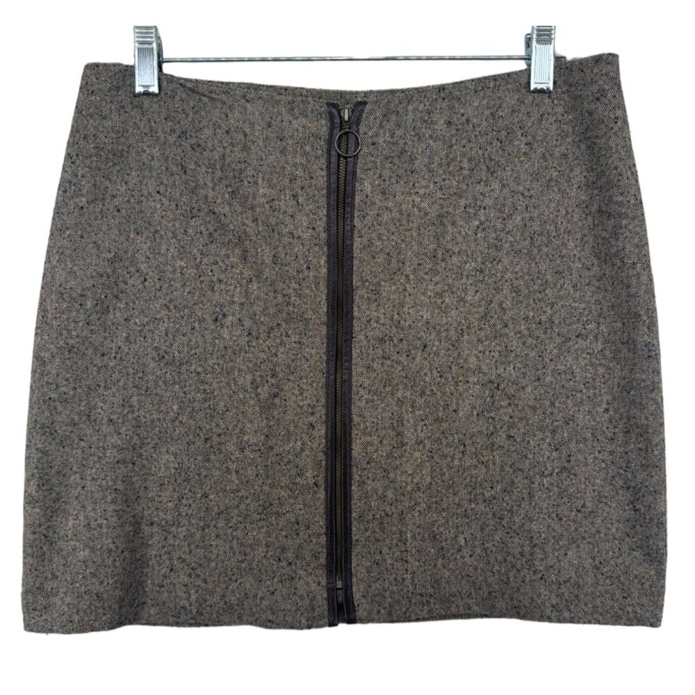 Old Navy Mini Skirt Sz 6 Wool/Silk Brown Tweed Leather Zip Front SexyLibrarian